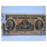 Rarer 1938 The Dominion Bank Canada Five Dollar