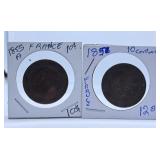 1855 and 1856 France Dix Centimes Coins
