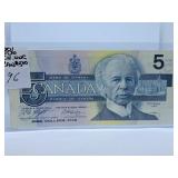 Choice Uncirculated 1986 Canada Five Dollar Bill