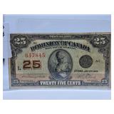 1923 Canada Twenty Five Cent Bill with Nice Color