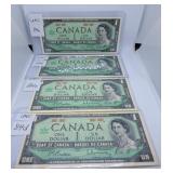Four Uncirculated 1967 Canada One Dollar Bills