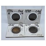 1876H, 1888, 1895 and 1899 Canada Pennies