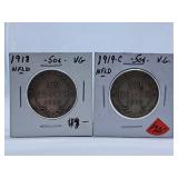 Very Good 1918 and 1919 Newfoundland 50 Cent
