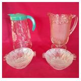 Dominion pitcher, 4 clear glass geometric fruit