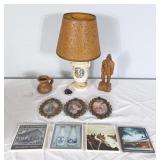 Touristy coasters, sailor statue, vintage lamp,