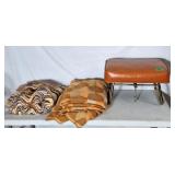 Pair of throw blankets and 1 vintage foot stool