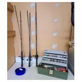 3 collapsible fishing rods and tackle box with