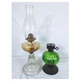 Pair of oil lamps. 1 with chimney