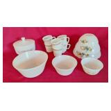 3 pc Arcopal fruit bowls, 6 pyrex mugs, federal