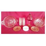 Cranberry lidded candy dish, 4 water glasses, and