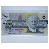Choice Uncirculated 1986 Canada Five Dollar Bill
