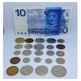 Netherlands Tien Gulden Bill and Various Coins