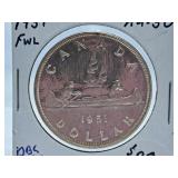 About Uncirculated 1951 Canada One Dollar Coin