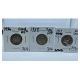 1936, 1938 and 1953 Canada Quarters