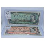 1954 Canada One Dollar Bill and Two Dollar Bill