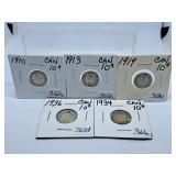 5 Canada Dimes Starting with the Year 1910