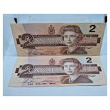 Pair of 1986 Canada Two Dollar Bills