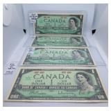 Four Uncirculated 1967 Canada One Dollar Bills