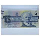 Choice Uncirculated 1986 Canada Five Dollar Bill
