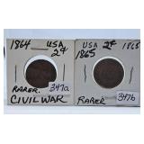 Rarer 1864 and 1865 U.S.A. Two Cent Coins