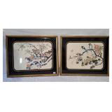 2 east Asian prints of birds in unique bamboo