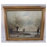Framed print "Fishing in a boat with willows"