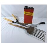 Vintage Gasoline Tin, Garden Clippers, Rake &