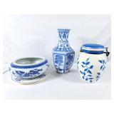 Asian Vase & Bowl and Blue & White Canister -