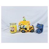 School Bus Cookie Jar, Vintage Squirrel Bank &