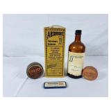 Vintage Absorbine Bottle w/Box, Ointment Tins &