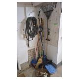 Shovels, brooms, rake, garden hose, etc.