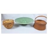 Woven Baskets & Green Decorative Bowl - One