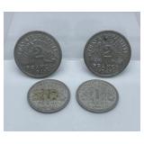Two 1943 French 2 Francs Coins and Two 1943