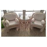 Rattan curve back armchairs with matching side