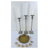 Trio of candle stick holders, brass serving tray,