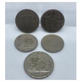 Belgian 1 Franc Coins 1923, 1934, 1939, and 1940.