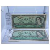Two in a Row 1954 Canada One Dollar Bills