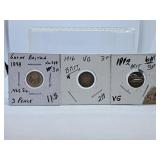 1898, 1916 and 1920 British Three Pence Coins