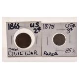 Two Rarer US Coins- 1865 USA 2 Cent Cival War,