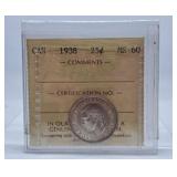 ICCS Graded Mint State 1938 Canada Quarter