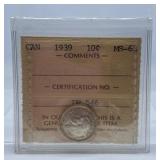 ICCS Graded Mint State 1939 Canada Dime