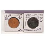 2 Early Canada Tokens. 1837 bank token 1/2p and