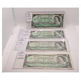 4 Choice Uncirculated 1967 Canada $1 Bills with