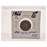 Rare 1866 USA 5 cent-Ray With Stars