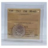ICCS Graded Mint State 1943 Canada Quarter