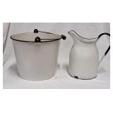 Vintage Enamelware Bucket & Water Pitcher
