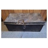Metal trunk with masks. 29 1/2" l x 15" d x 11