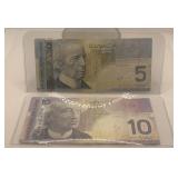 2006 Canada Five Dollar Bill and 2005 Canada Ten