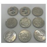 Nine 2017 Canada Quarters. 150th Anniversary