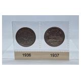 1936 and 1937 Canada Nickels